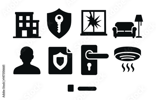Rental insurance silhouette icons set – housing, protection and safety symbols