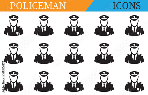 Set of police officer silhouettes in uniform, representing law enforcement, security, and public service in a minimalist black design.