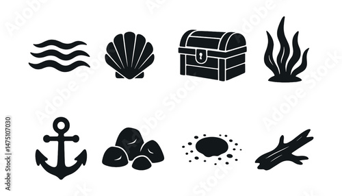 Underwater adventures silhouette icons set – marine, aquatic, oceanic symbols
