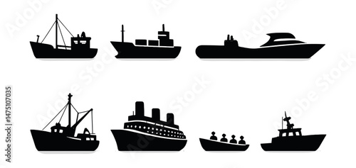 Marine vessels icons set – silhouette, nautical and ship symbols for maritime themes