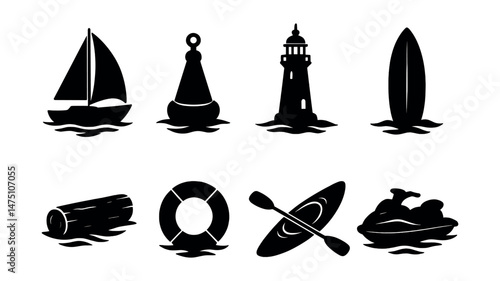 Ocean object silhouettes icons set – silhouette, sea life and nautical symbols