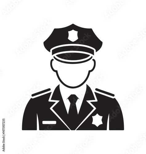 Police officer silhouette icon representing law enforcement, security, and public service. Black and white design for use in various law-related contexts.