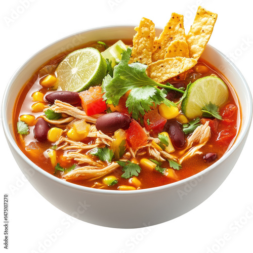 Chicken tortilla soup bowl isolated on transparent background