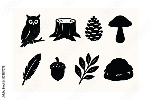 Forest habitat silhouette icons set – simple nature and woodland symbol collection