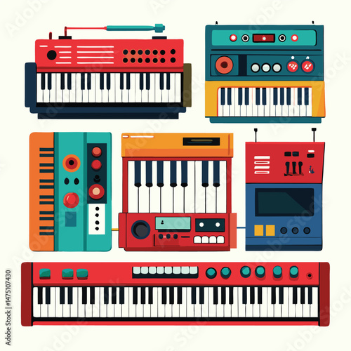 Six classic synth instrument on white background