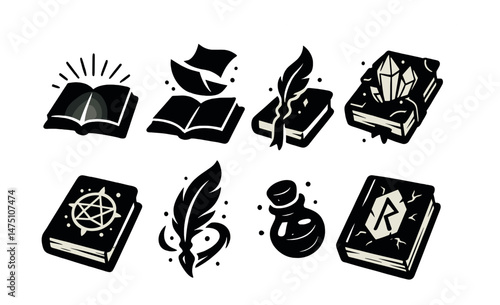 Magical book artifacts icons set – silhouette, fantasy and mystical design elements