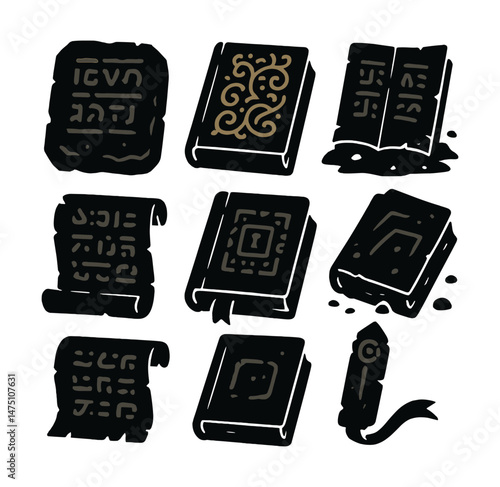 Ancient civilization artifacts icons set – silhouette, history and cultural symbols