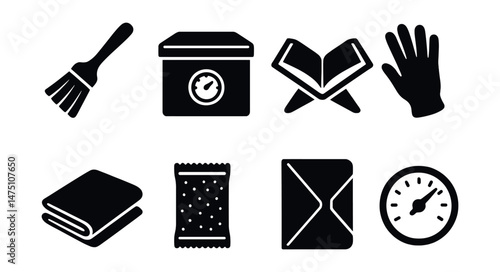 Book preservation tools icons set – silhouette, archiving and library maintenance symbols