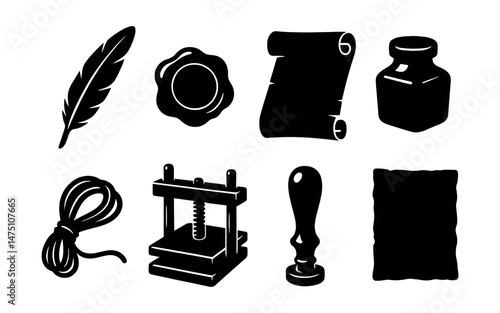 Medieval book tools icons set – silhouette, historical writing and crafting elements