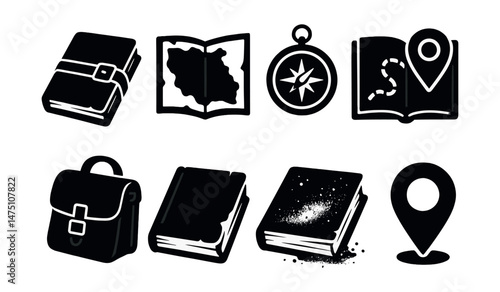 Adventure and discovery icons set – silhouette, exploration and travel symbols