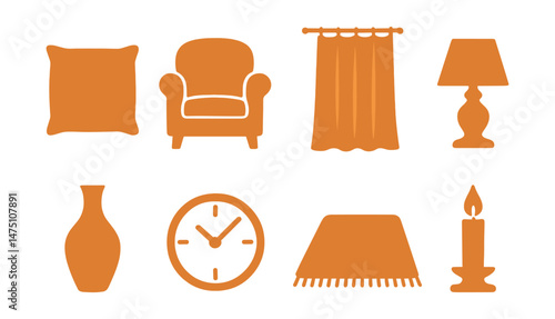 Interior design symbols icons set - silhouette, home decor and furniture visuals