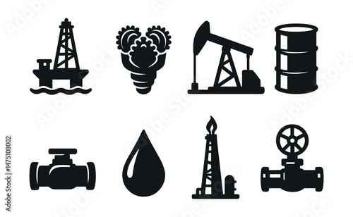 Oil extraction icons set – silhouette oilfield, drilling, and petroleum symbols