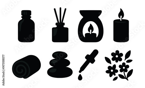 Aromatherapy silhouette icons set – simple, spa and relaxation symbols collection