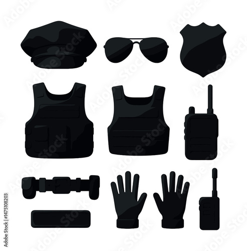 Police uniform icons set – silhouette, law enforcement and security symbols