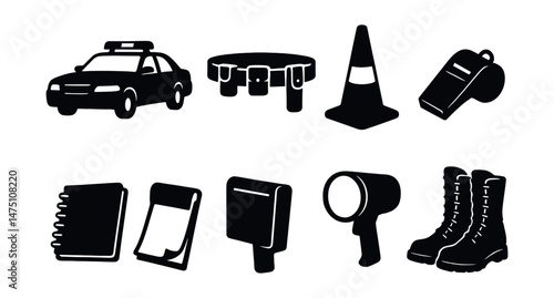 Patrol gear silhouette icons set – simple, law enforcement and security symbols
