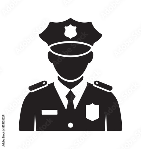 Police officer silhouette icon representing law enforcement, security, and public service. Black and white design for use in various law-related contexts.