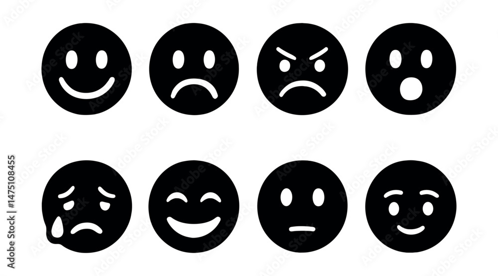 Fototapeta premium Diverse emotion silhouettes icons set – simple, mood and facial expression symbols