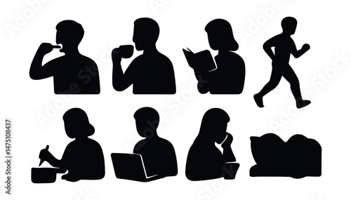 Daily activities icons set – silhouette, everyday tasks and simple action symbols
