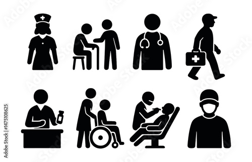 Healthcare professionals silhouette icons set – medical, nursing, and caregiver symbols