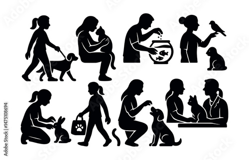 Pet care icons set – silhouette, animal welfare and veterinary symbols