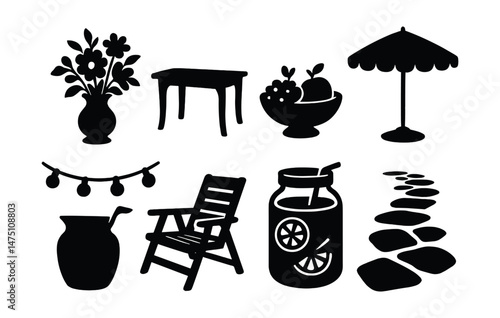 Garden party silhouette icons set – flat, outdoor and celebration symbols