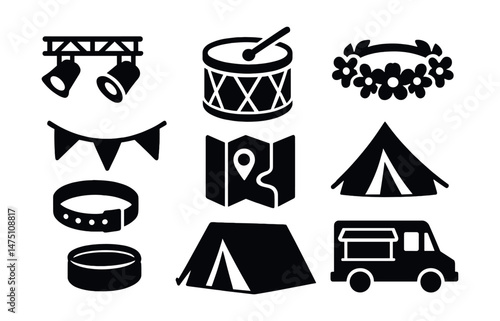 Festival icons set – silhouette event, celebration, and gathering symbols