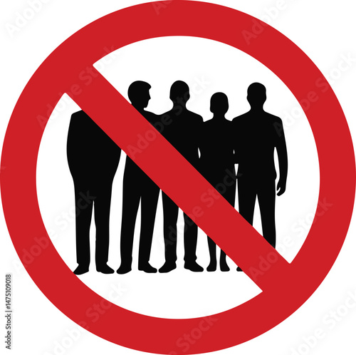 No Loitering Sign Minimalist vector loitering black silhouette with group standing and red slash, highlighting order and movement in a restricted design