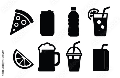 Pizza and drinks silhouette icons set – bold beverage, fast food, and snack symbols