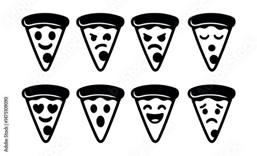 Pizza slice emotions icons set – silhouette, mood and expression symbols