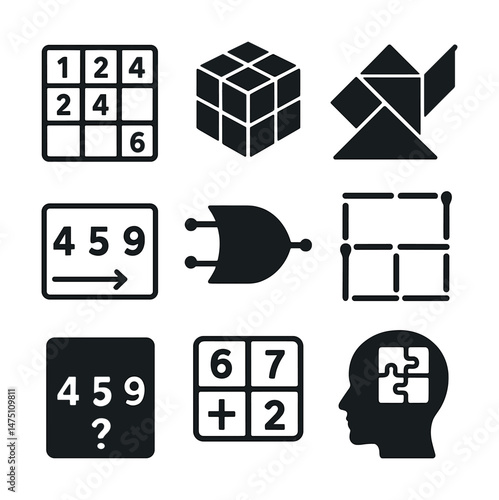 Logic puzzle icons set – silhouette style, brain teasers and mind games symbols