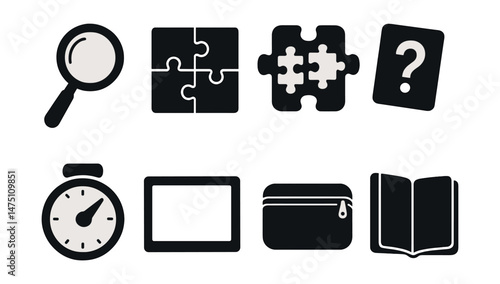 Puzzle tools silhouette icons set – problem-solving, challenge, mind-teasers symbols