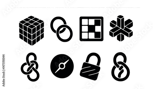 Mechanical puzzle icons set – silhouette, logic and brain-teaser designs