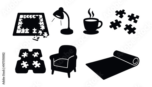 Puzzle and leisure activities icons set – silhouette, relaxation and hobby symbols