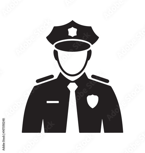 Police officer silhouette icon representing law enforcement, security, and public service. Black and white design for use in various law-related contexts.