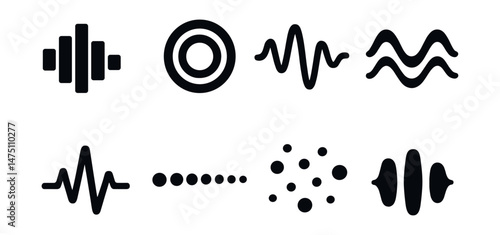 Abstract sound silhouette icons set – simple, audio wave and frequency symbols