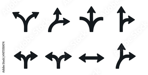 Split and merge arrows icons set – silhouette, navigation and direction symbols