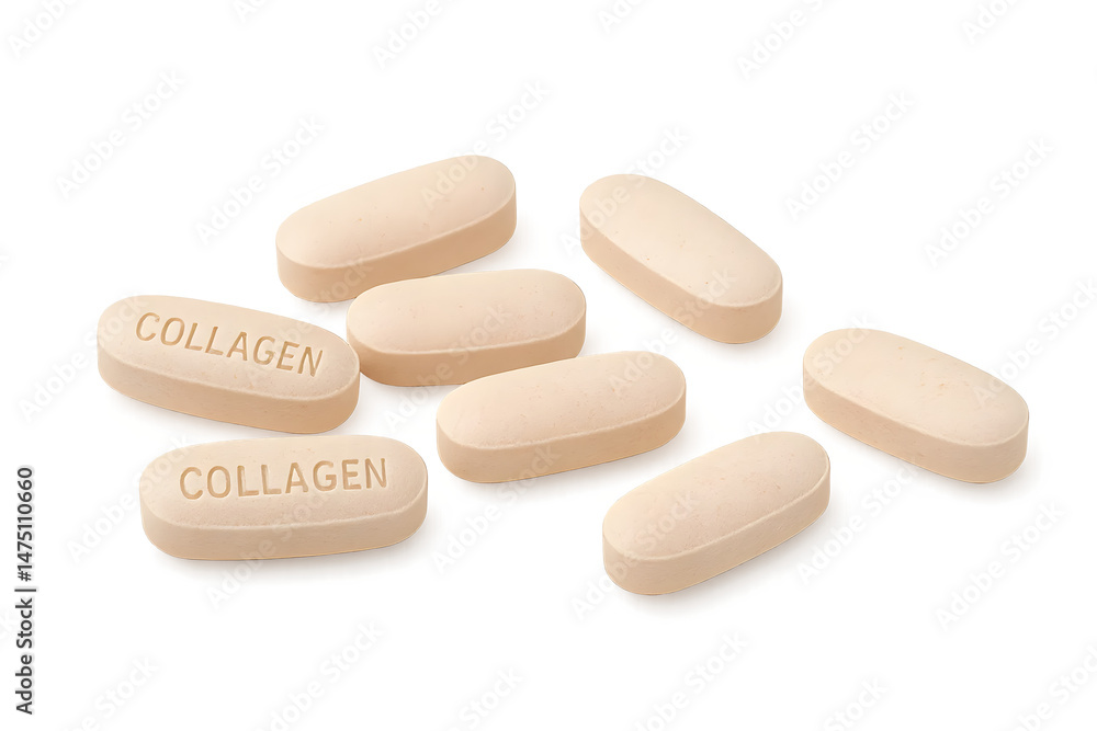 Several beige collagen tablets are scattered on a surface. Concept Beige Collagen Tablets, Health Supplements, Nutrition Support, Beauty Benefits, Scattered Arrangement Several beige collagen tablets are scattered on a surface. Concept Beige Collagen Tablets, Health Supplements, Nutrition Support, Beauty Benefits, Scattered Arrangement
