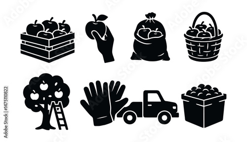 Apple harvest silhouette icons set – simple, farming and fruit picking designs
