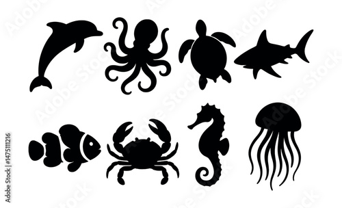 Ocean animal silhouette icons set – simple marine life and sea creature collection