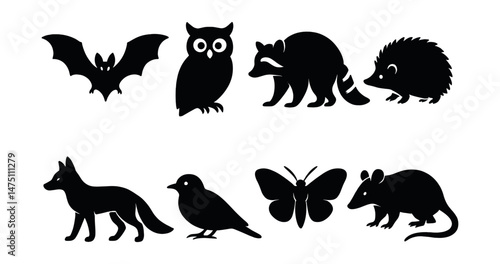 Nocturnal animal silhouettes icons set – simple, shadow wildlife symbols