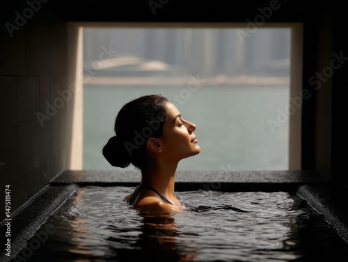 Woman enjoying serene spa bath overlooking cityscape, relaxation wellness.