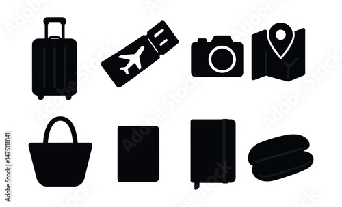 Travel essentials silhouette icons set – vacation and holiday packing symbols