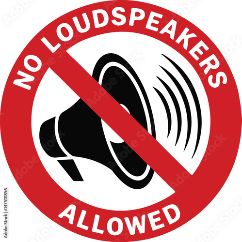 No Loudspeakers Sign black silhouette with sound waves and red slash, reflecting quietness and noise control