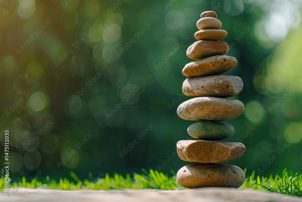 Obraz premium A serene stack of smooth stones, balanced carefully, symbolizes harmony and tranquility in a natural setting.