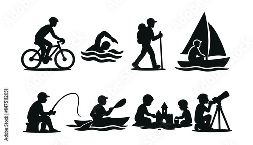 Summer activity icons set – silhouette, leisure and outdoor adventure graphics