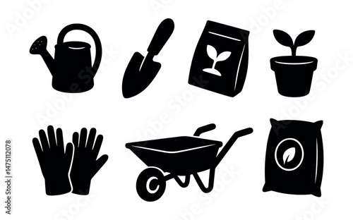Spring gardening silhouette icons set – simple, yard and planting tool symbols