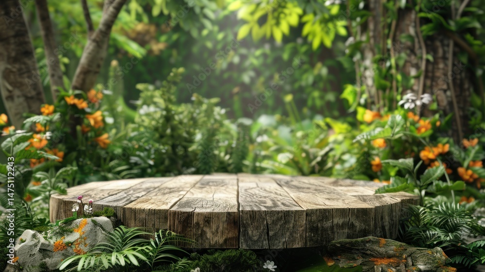 Fototapeta premium A wooden table is surrounded by a lush green jungle with flowers and plants.