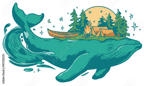 Creative Vector Drawing of a Whale Surrounded by Nature Elements