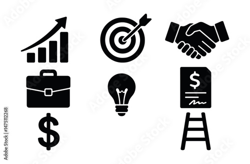 Business success icons set – silhouette, career and achievement symbols for growth