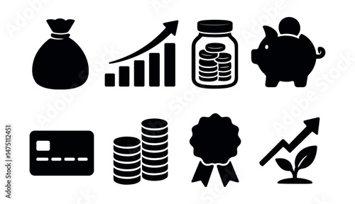 Financial success icons set – silhouette, wealth and prosperity symbols